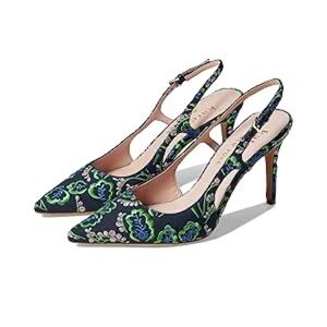 Floral Pointed Toe Slingback Heels in Navy and Green